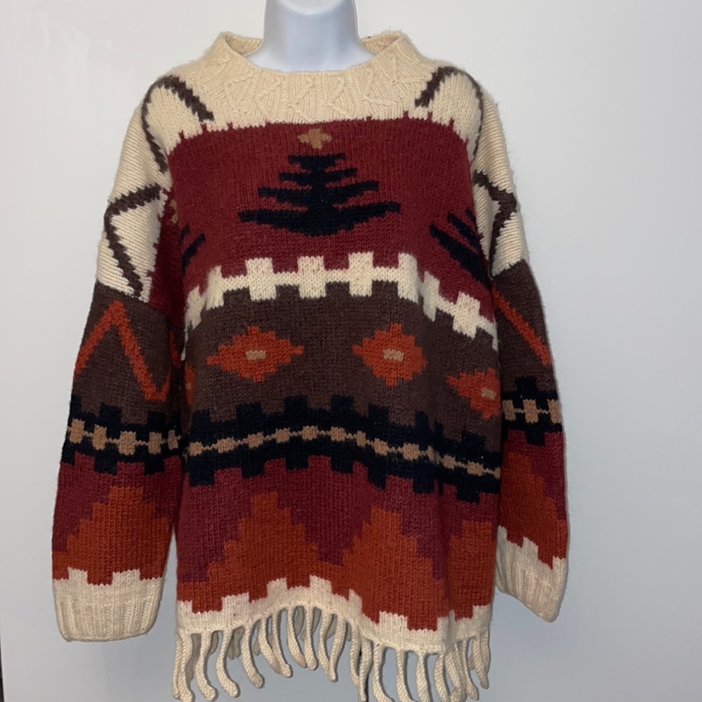 Sarah Windsor vintage handmade tribal Aztec fringe wool sweater Made in England